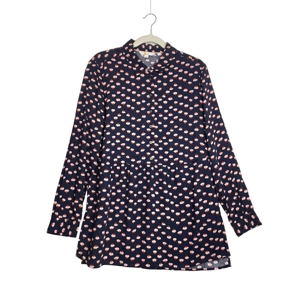 Boden Navy Blue Floral Viscose Button Down Tunic Top US 8R Long Sleeve Collared